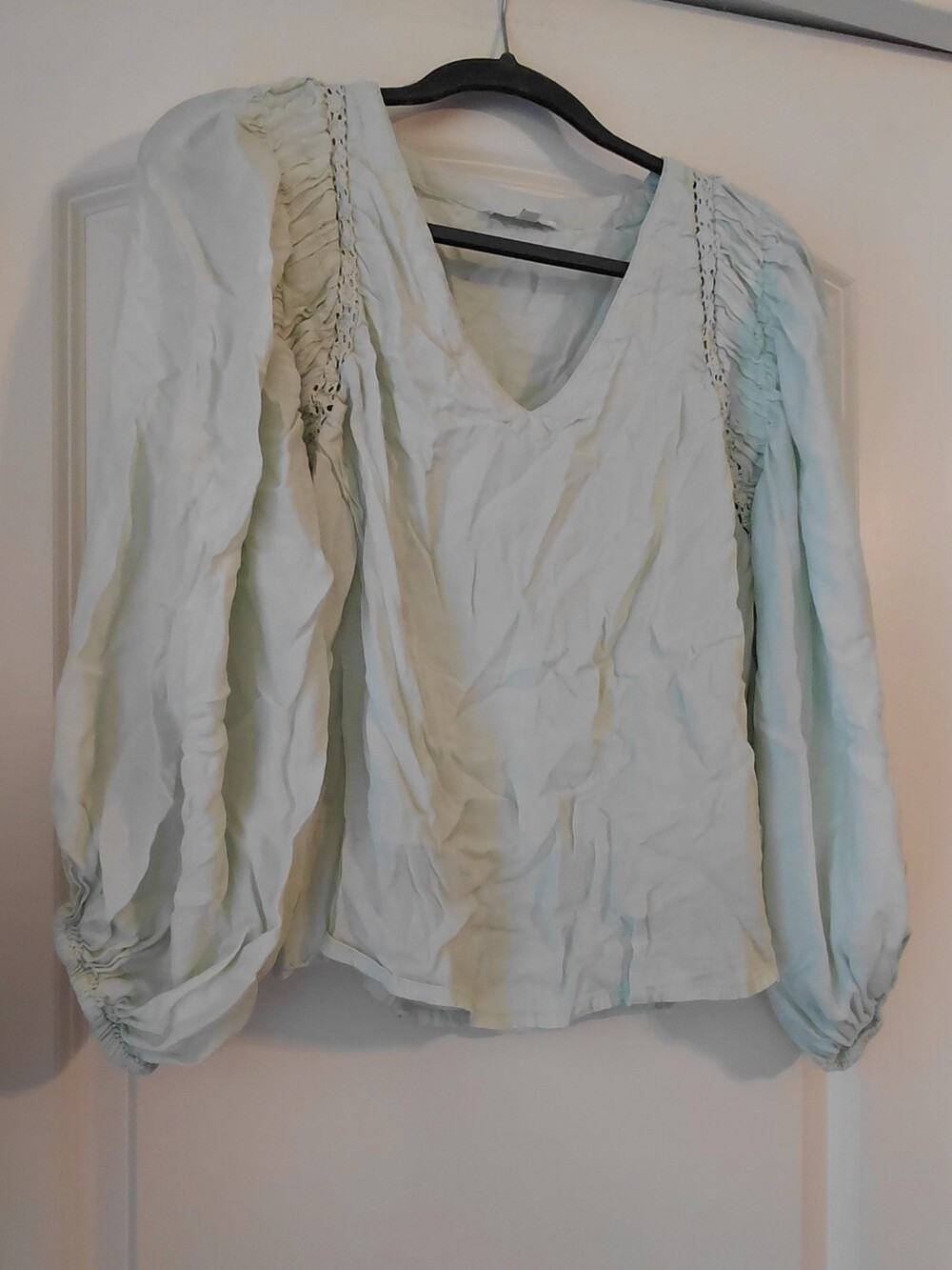 Anna Cate Mint Green Silk Cotton Blend Puff Sleeves Ruching